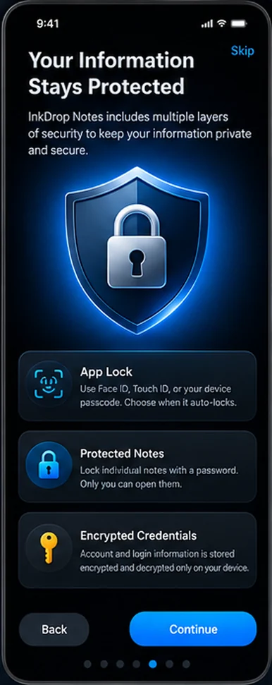 Your information stays protected: app lock, protected notes, encrypted credentials